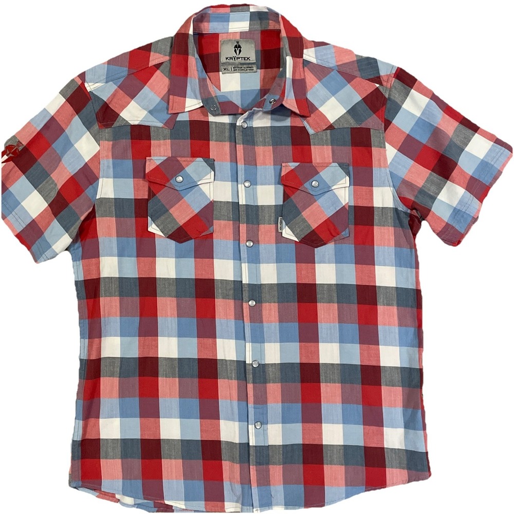 Kryptek Men's XL Red White Blue Artan Short‎ Sleeve XL Pearl Snap Shirt